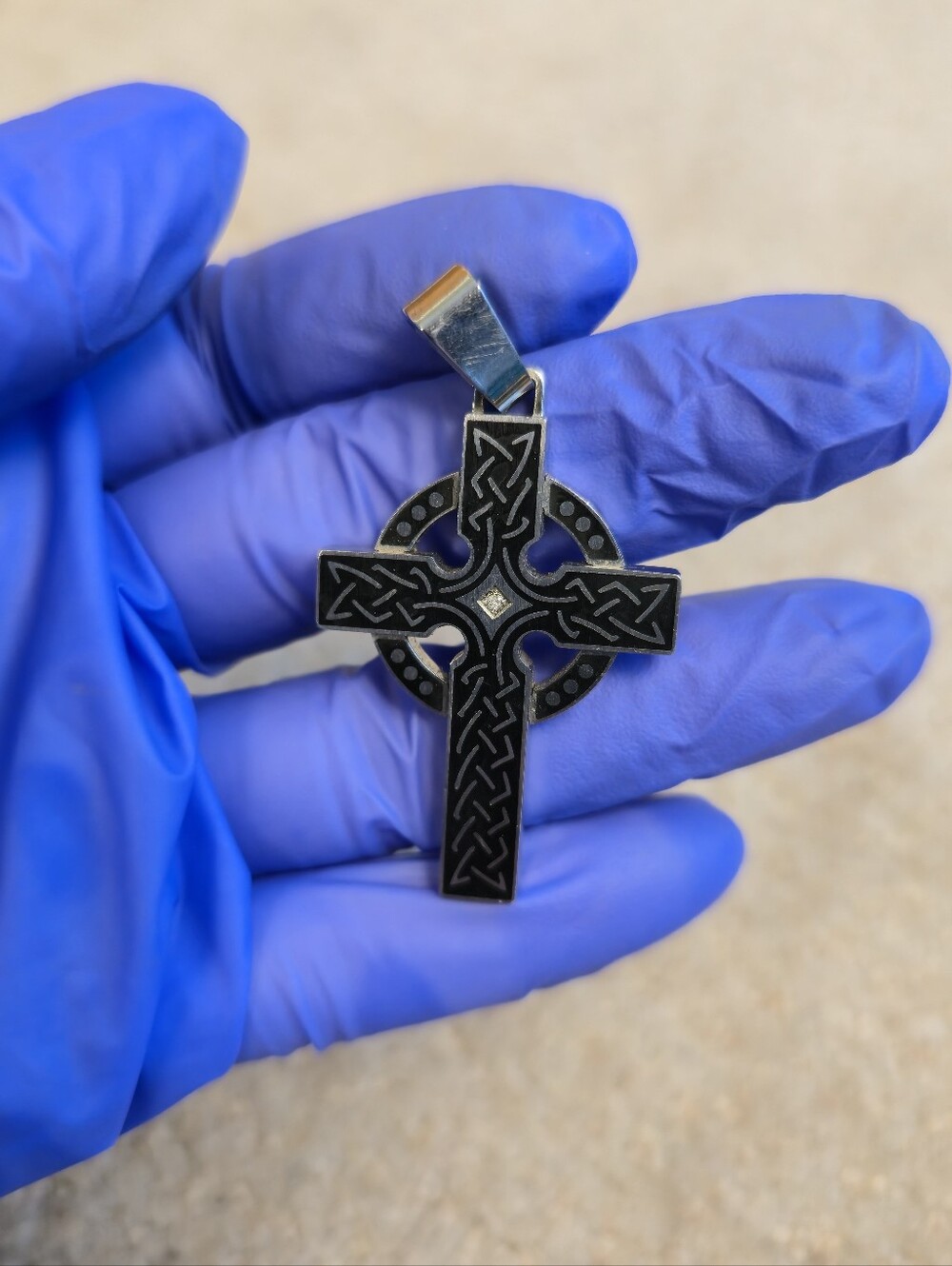 Stainless Steel Silver Celtic Cross Pendant with Celtic Knots and CZ no chain